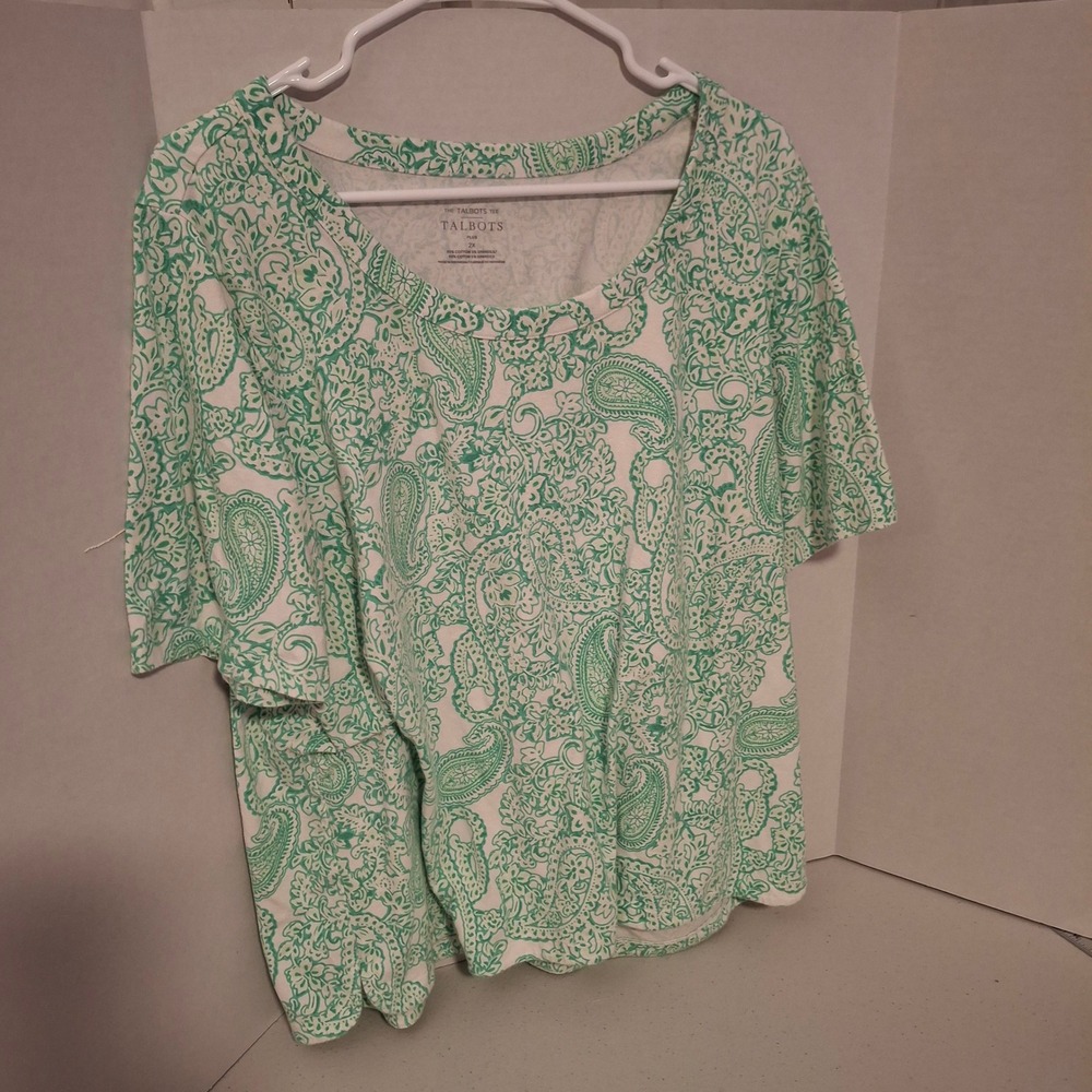 Talbots Plus Womens 2X Green White Paisley Print‎ Short Sleeve Tee Shirt Top